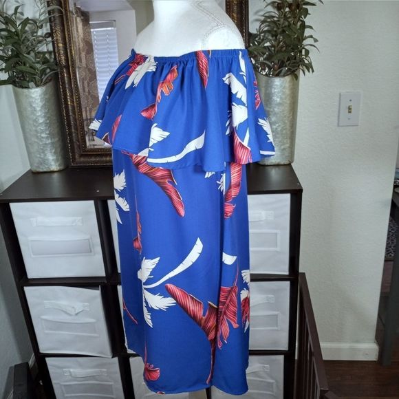 Promesa Blue and Red Floral Off-Shoulder Dress - Picture 5 of 8